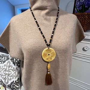 Hand-made Large Carved Golden Jade Disc Necklace
